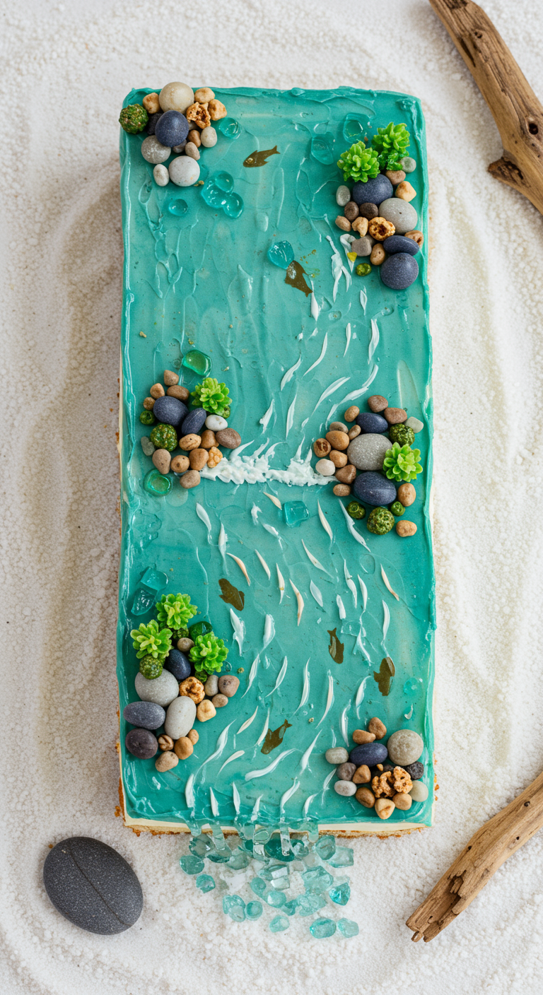 Rechteckige Torte als Draufsicht einer Flusslandschaft mit türkisfarbenem Wasser und Kieselstein-Inseln.