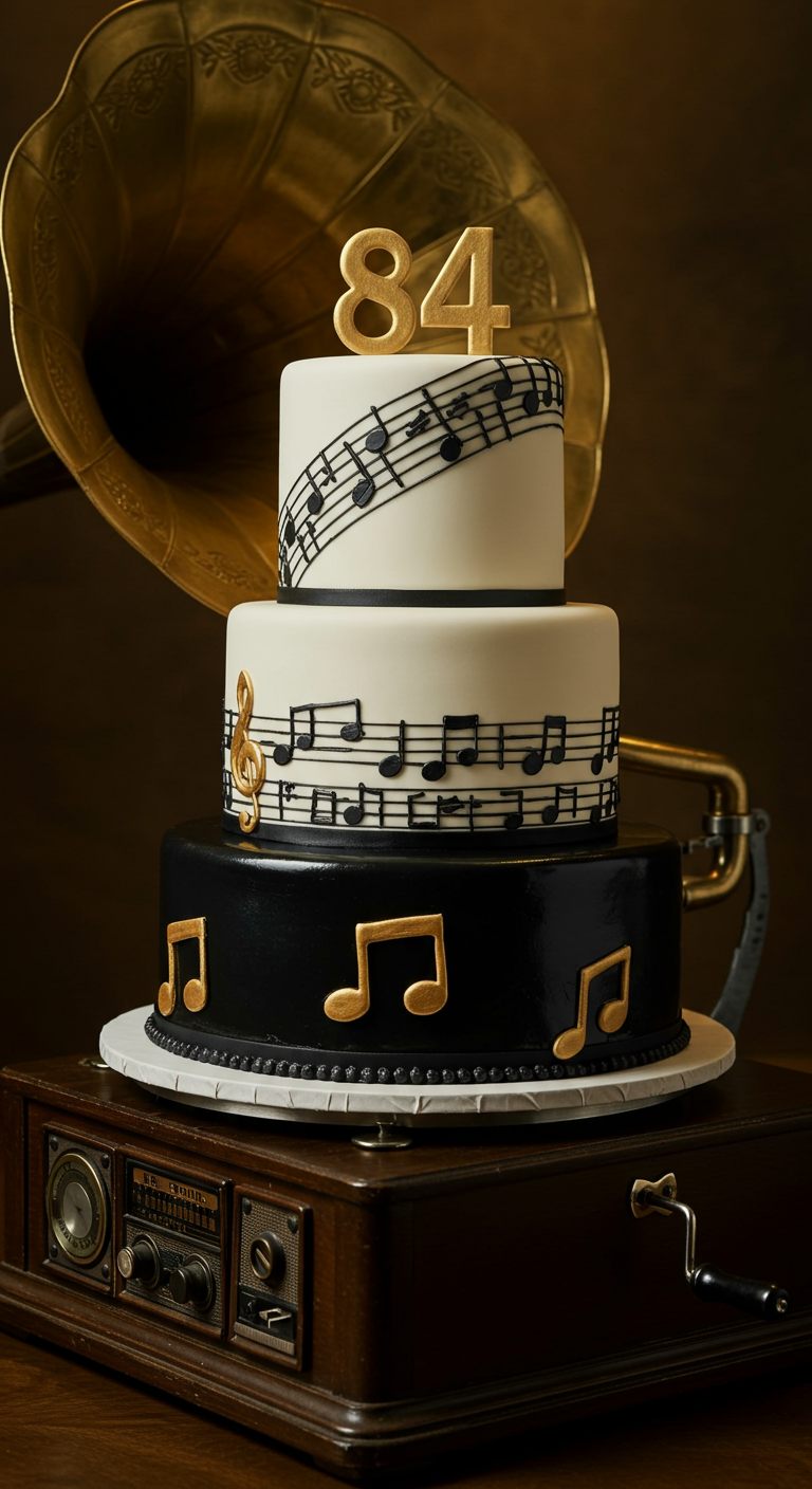 Dreistöckige Torte in Schwarz-Weiß mit goldenen Musiknoten und Grammophon im Hintergrund.