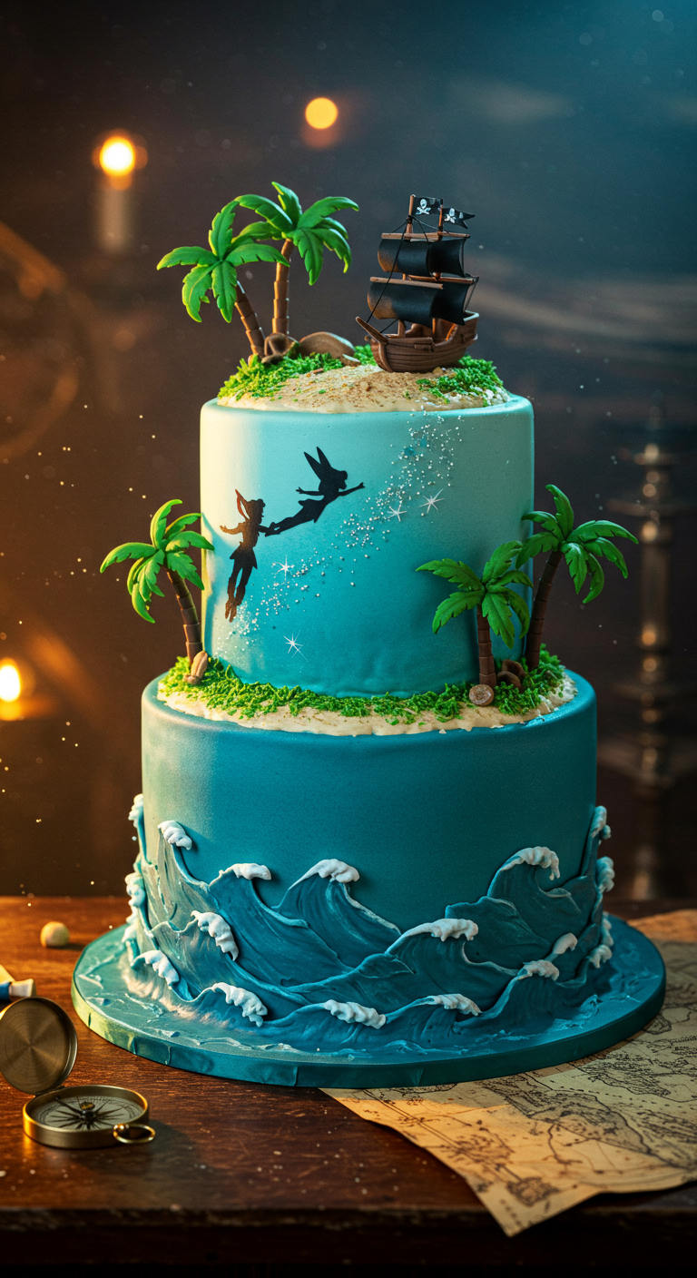 Blaue Nimmerland-Torte mit Palmen, Piratenschiff und Peter Pan Silhouette