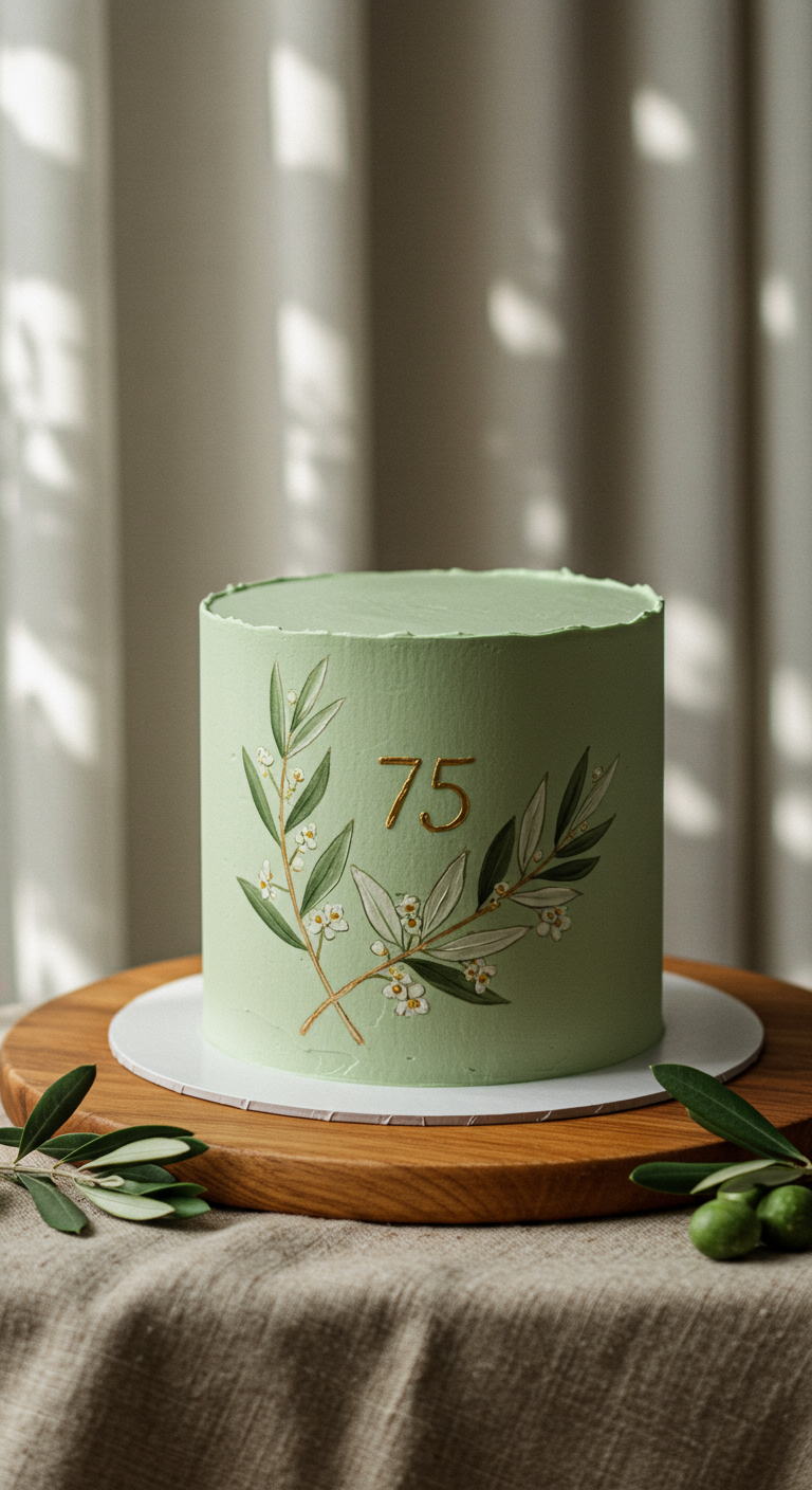 Salbeigrüne Torte mit aufgemalten Olivenzweigen und kleiner goldener 75.
