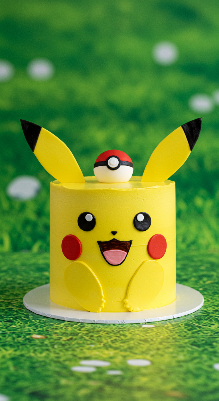 Gelbe Pikachu Torte mit Ohren, Gesicht und Pokéball-Topper.
