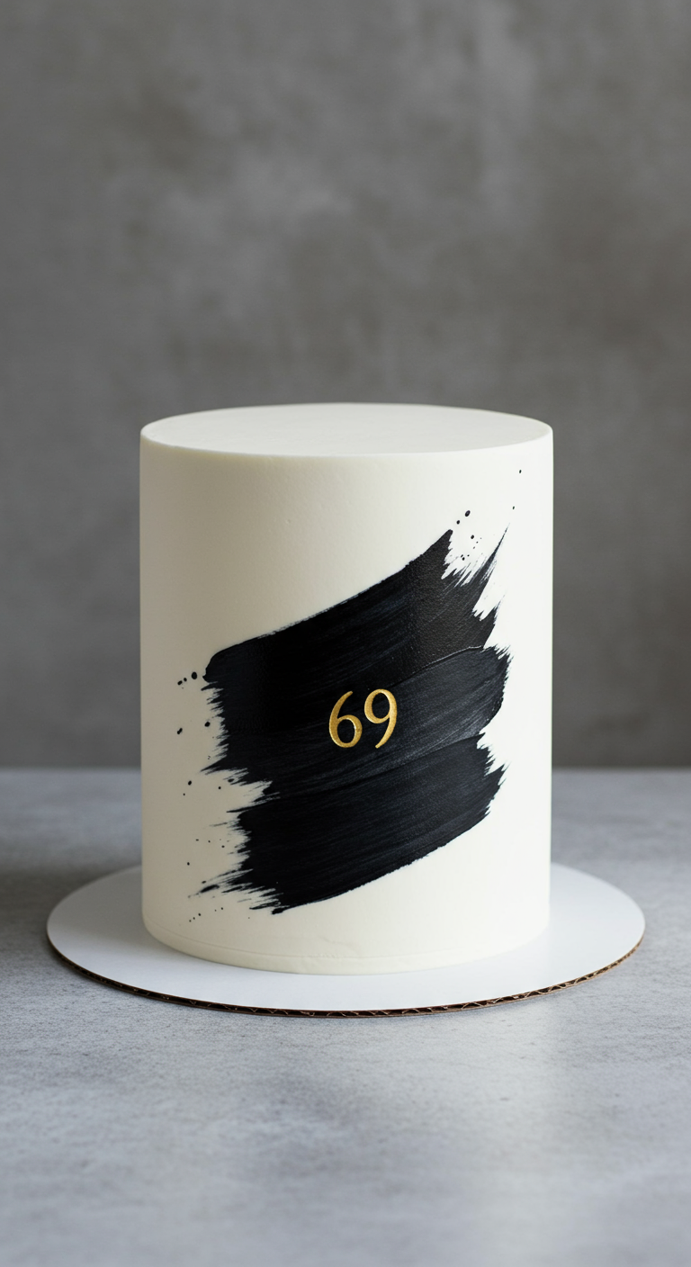 Weiße Torte mit einem breiten schwarzen Pinselstrich und goldener Zahl 69.
