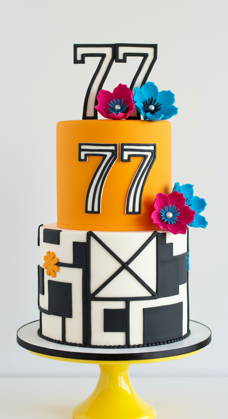 Zweistöckige Torte im Pop-Art-Stil mit geometrischen Mustern in Orange, Weiß, Schwarz.