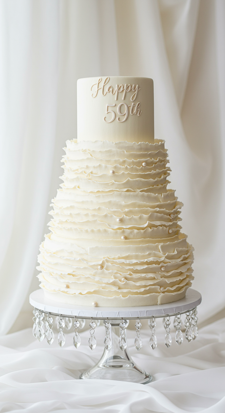 Mehrstöckige weiße Torte mit Rüschen, Perlen und Schriftzug 'Happy 59th'.