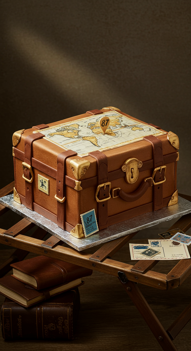 Torte in Form eines alten Reisekoffers mit Weltkarte und Reiseaufklebern.