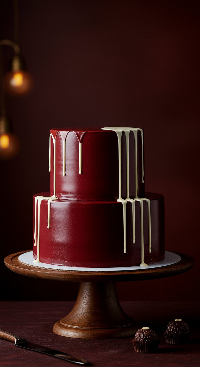 Zweistöckige dunkelrote Torte (Red Velvet Optik) mit weißem Schokoladen-Drip.