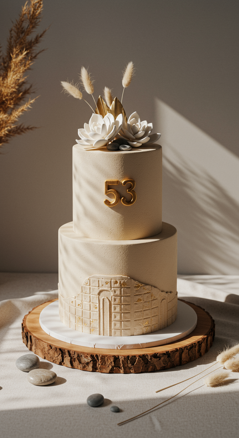 Zweistöckige beigefarbene Torte mit Reliefstruktur, Trockengräsern und weißen Blüten, goldene Zahl 53