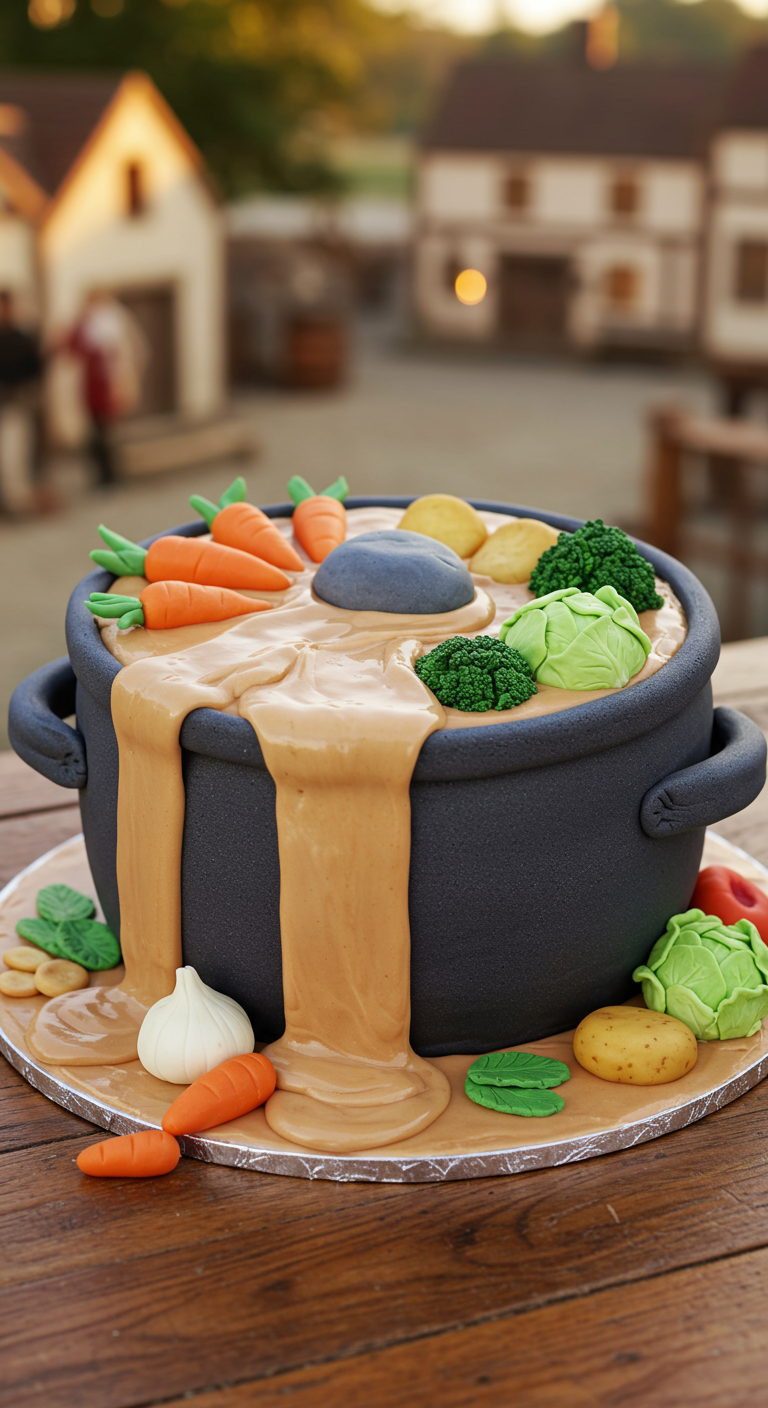 Torte als schwarzer Kessel gefüllt mit „Suppe“ und Gemüse aus Fondant.
