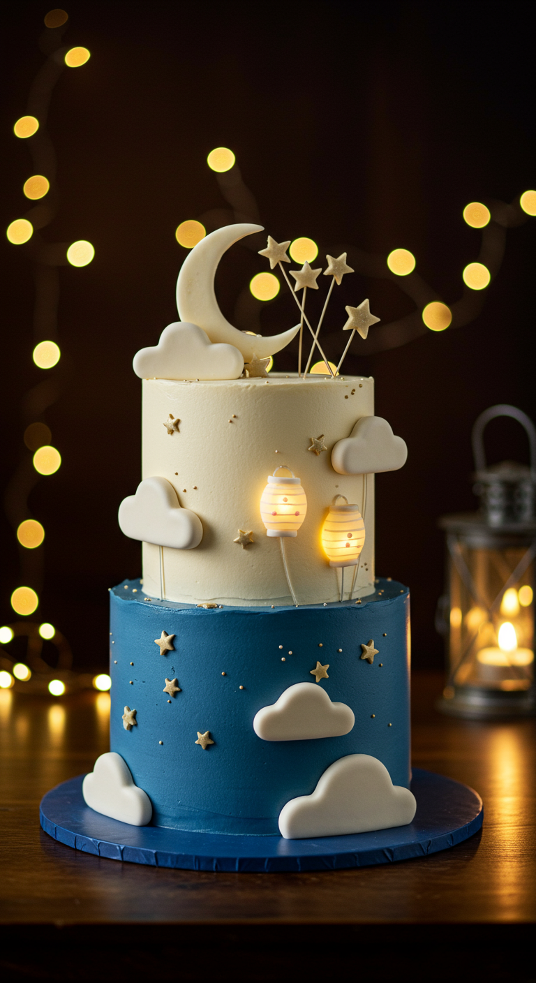 Zweistöckige Nachthimmel-Torte mit Mond, Sternen und leuchtenden Laternen.