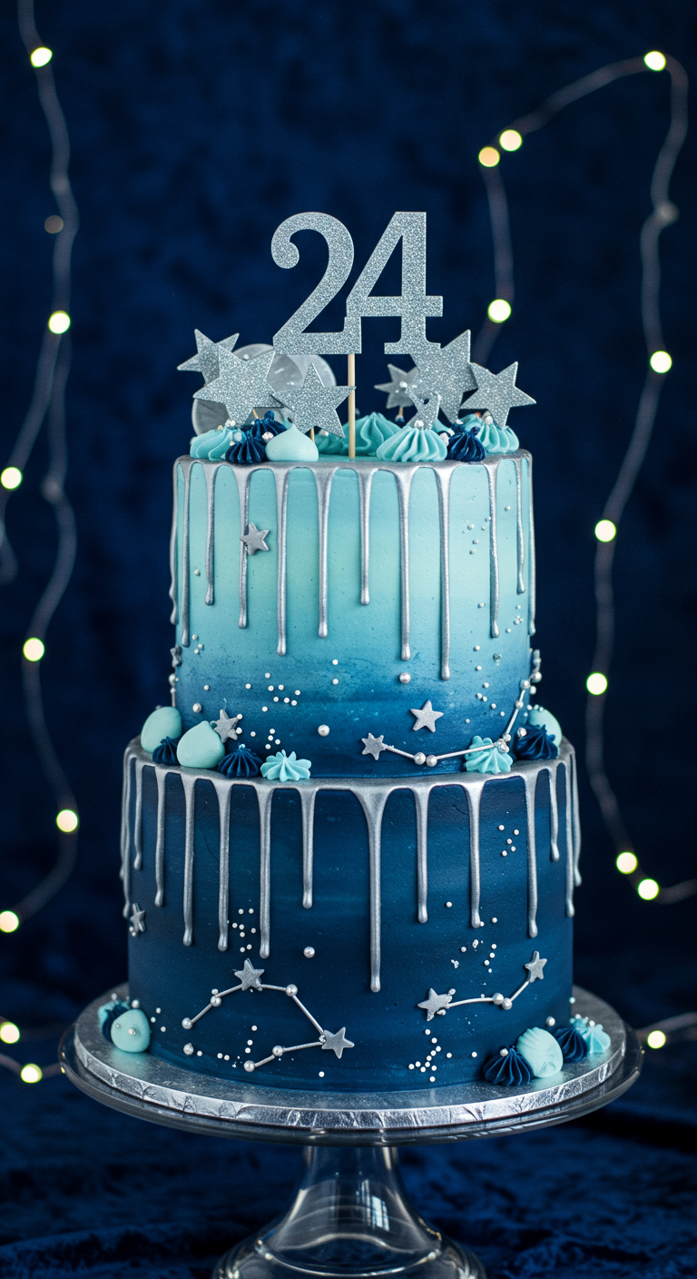 Zweistöckige Ombré-Torte in Blautönen mit Silberdrip, Sternen und Meringue-Tupfen, Glitzer-24-Topper.