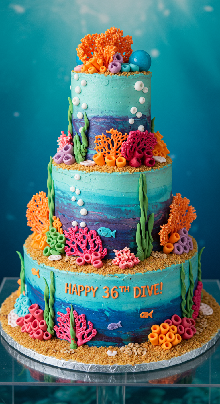 Dreistöckige blau-lila Torte dekoriert als üppiges Korallenriff mit Fischen und Sand.