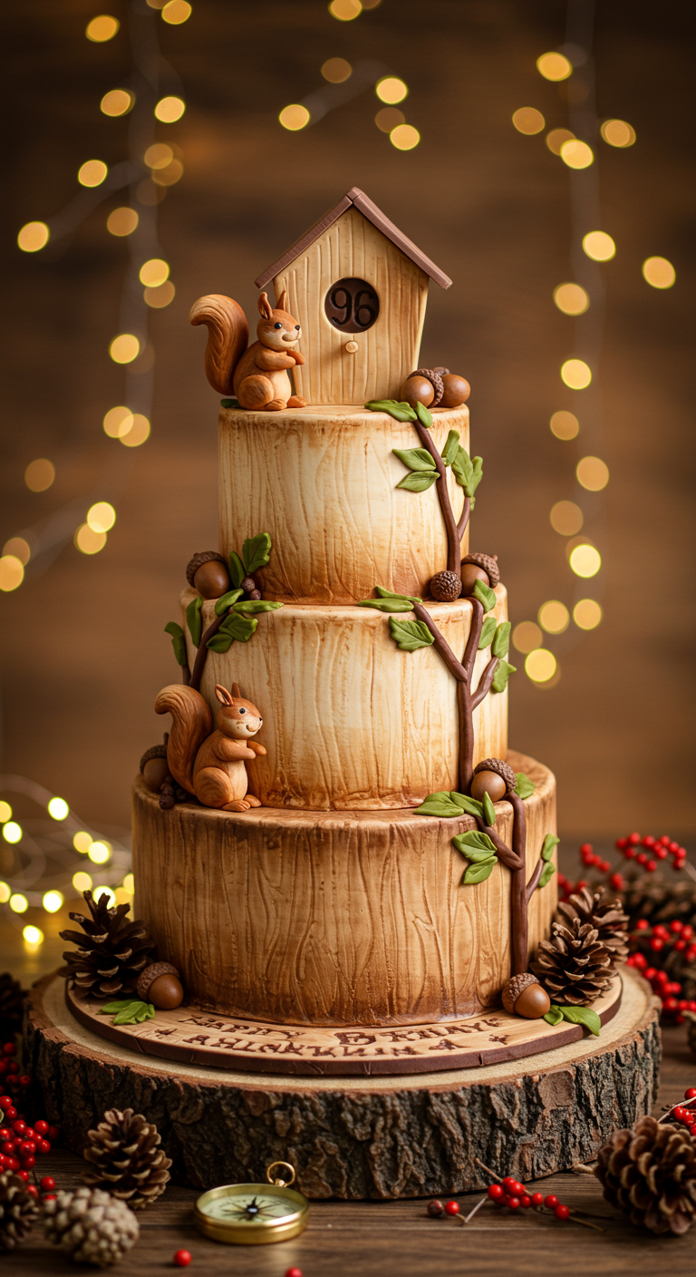 Dreistöckige Torte in Baumrindenoptik mit Eichhörnchen und Vogelhaus.