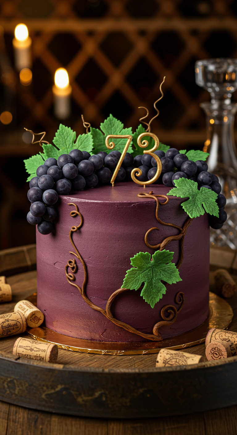 Lila Torte mit Fondant-Trauben, Weinblättern und goldenem
