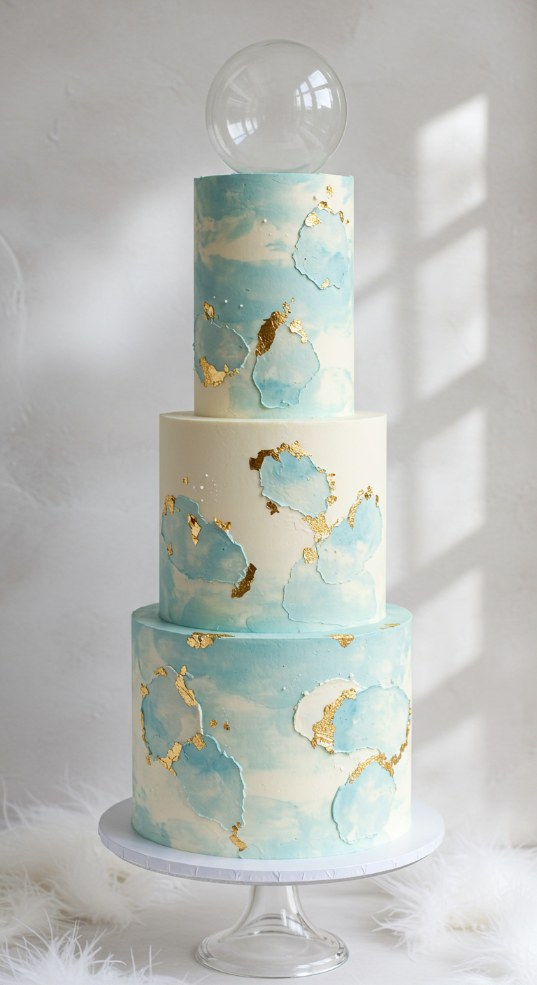 Dreistöckige Torte in Blau-Weiß-Wolkentechnik mit Goldflocken und einer großen klaren Kugel obendrauf.