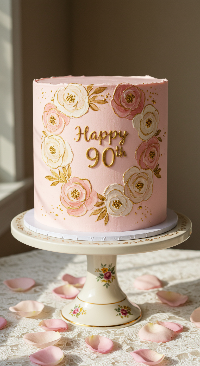 Rosa Torte mit einem Kranz aus gemalten weißen und rosa Rosen mit goldenen Blättern.