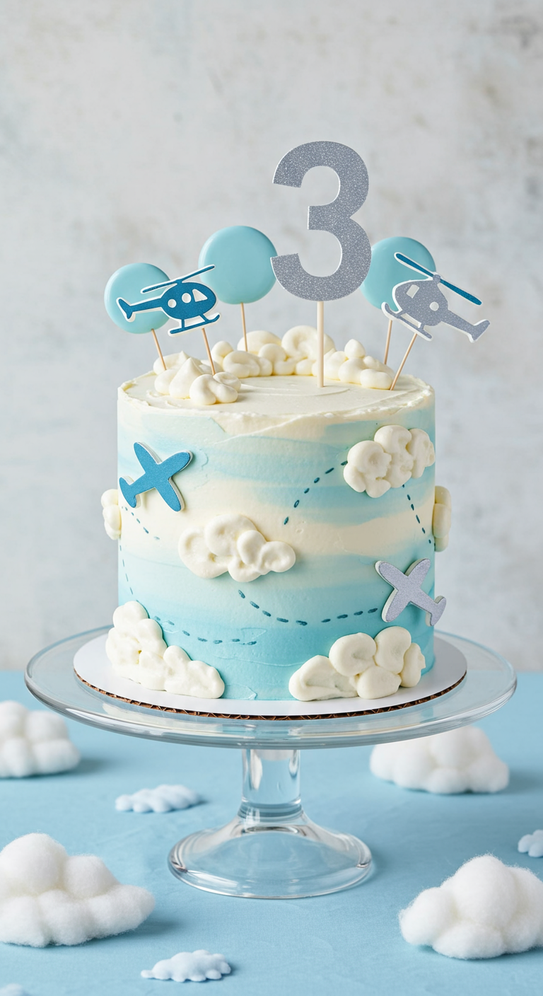 Hellblau-weiße Torte mit Wolken, Flugzeugen und Helikopter-Toppern.