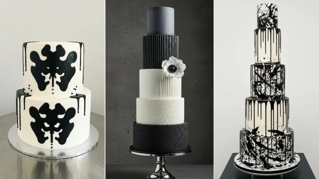 Collage von modernen, schwarz-weißen Hochzeitstorten für einen Kunst-Look.