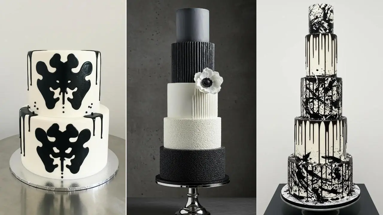 Collage von modernen, schwarz-weißen Hochzeitstorten für einen Kunst-Look.
