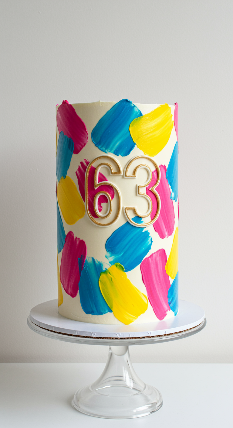 Weiße Torte mit abstrakten Pinselstrichen in Pink, Blau und Gelb, goldener 63-Topper.
