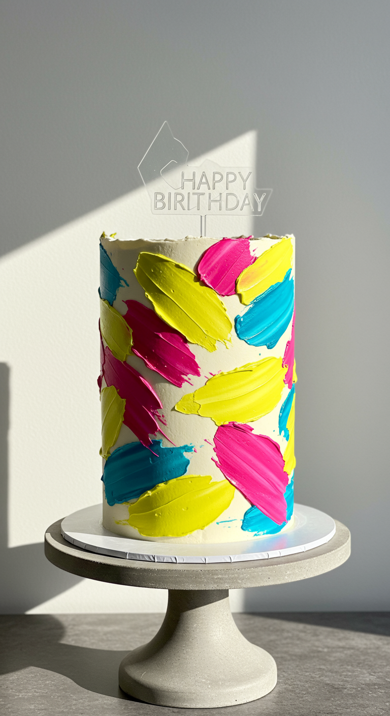 Weiße Torte mit abstrakten, breiten Pinselstrichen in Neon-Pink, Gelb und Blau.