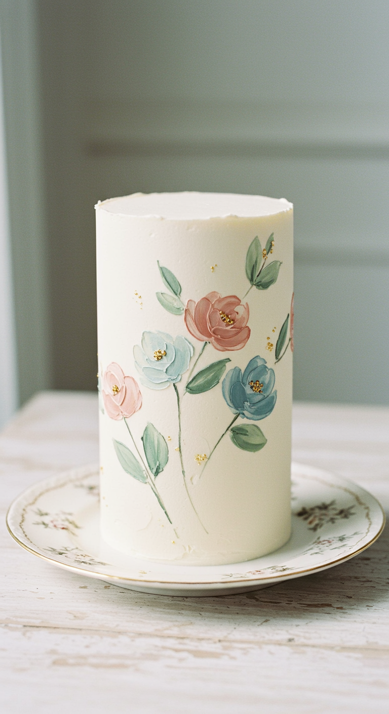 Weiße Torte mit handgemalten Aquarell-Blumen in Pastellfarben.