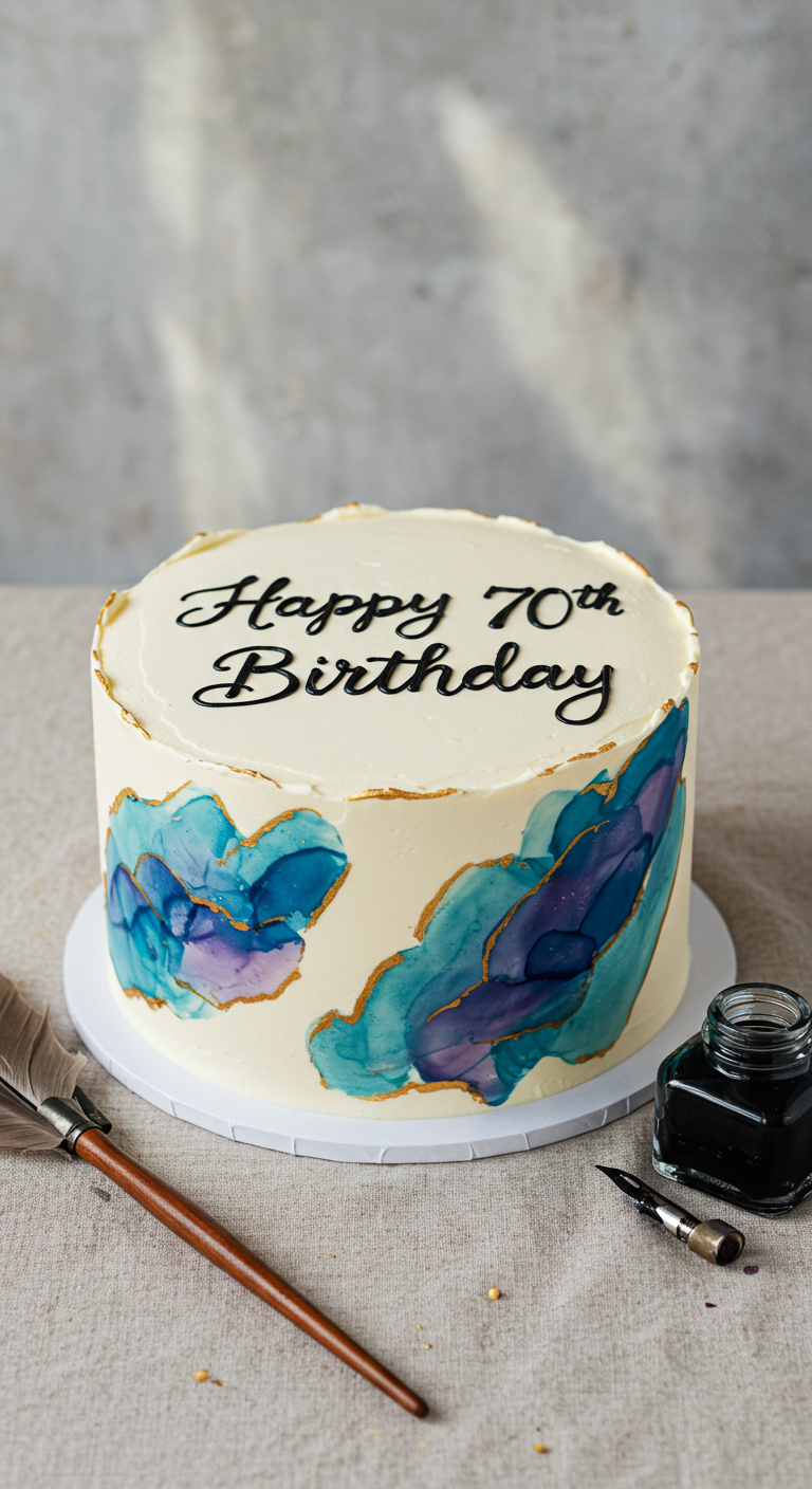 Einstöckige cremeweiße Torte mit blau-lila Aquarell-Farbflächen und goldener Umrandung.