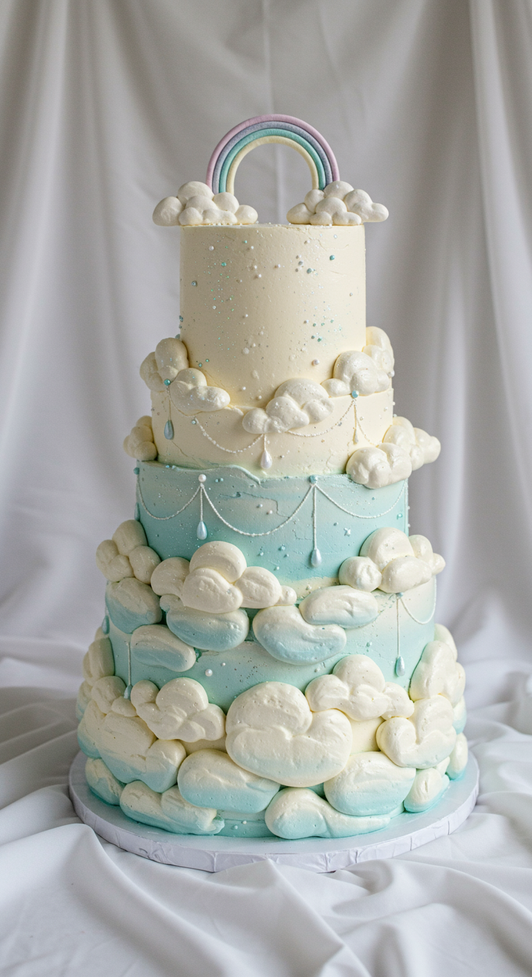 Mehrstöckige weiß-blaue Torte üppig dekoriert mit Wolken aus Buttercreme und Regenbogen-Topper.