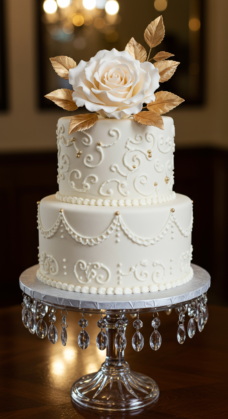 Zweistöckige weiße Torte mit goldenen Ornamenten, Perlen und einer großen Rose mit Goldblättern auf Kristallständer.