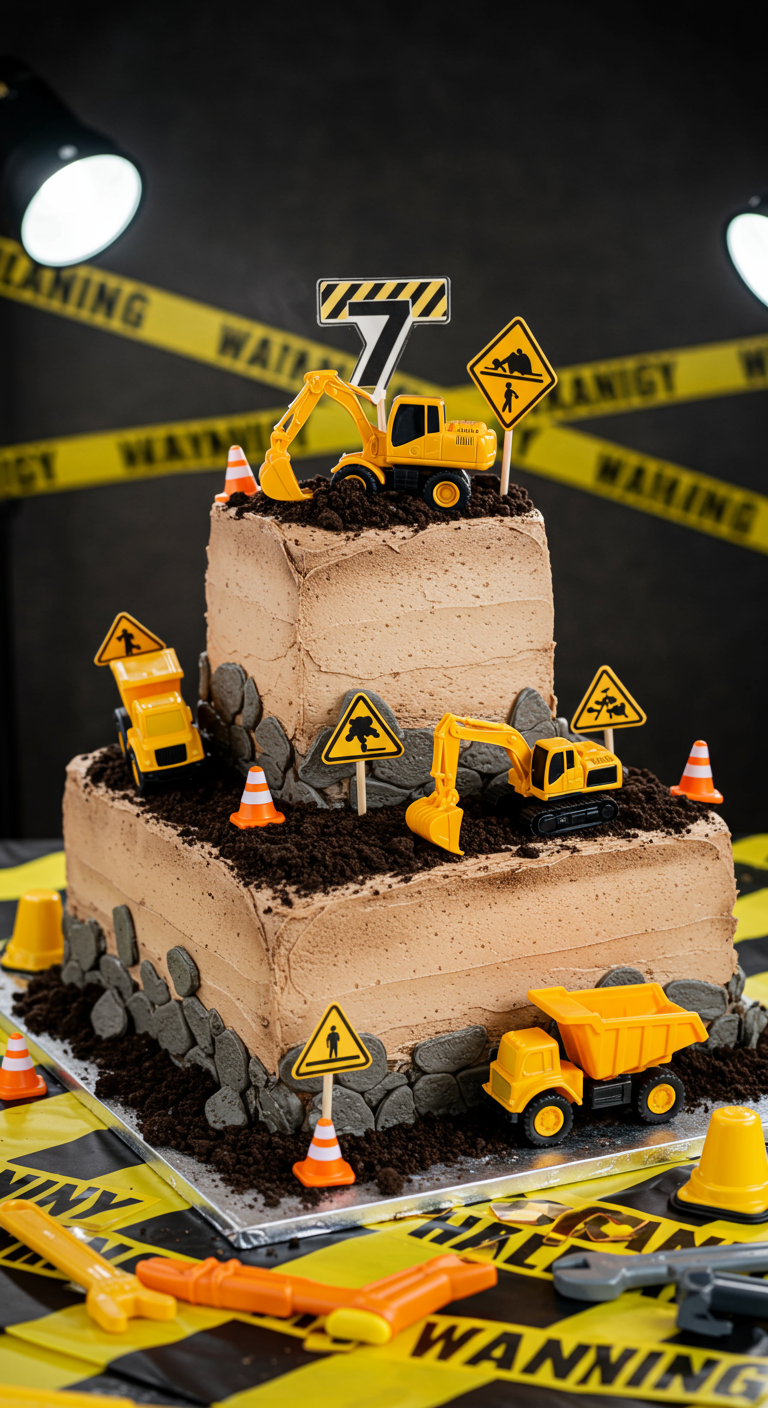 Zweistöckige Baustellen-Torte mit Spielzeug-Baggern und Schoko-Erde.