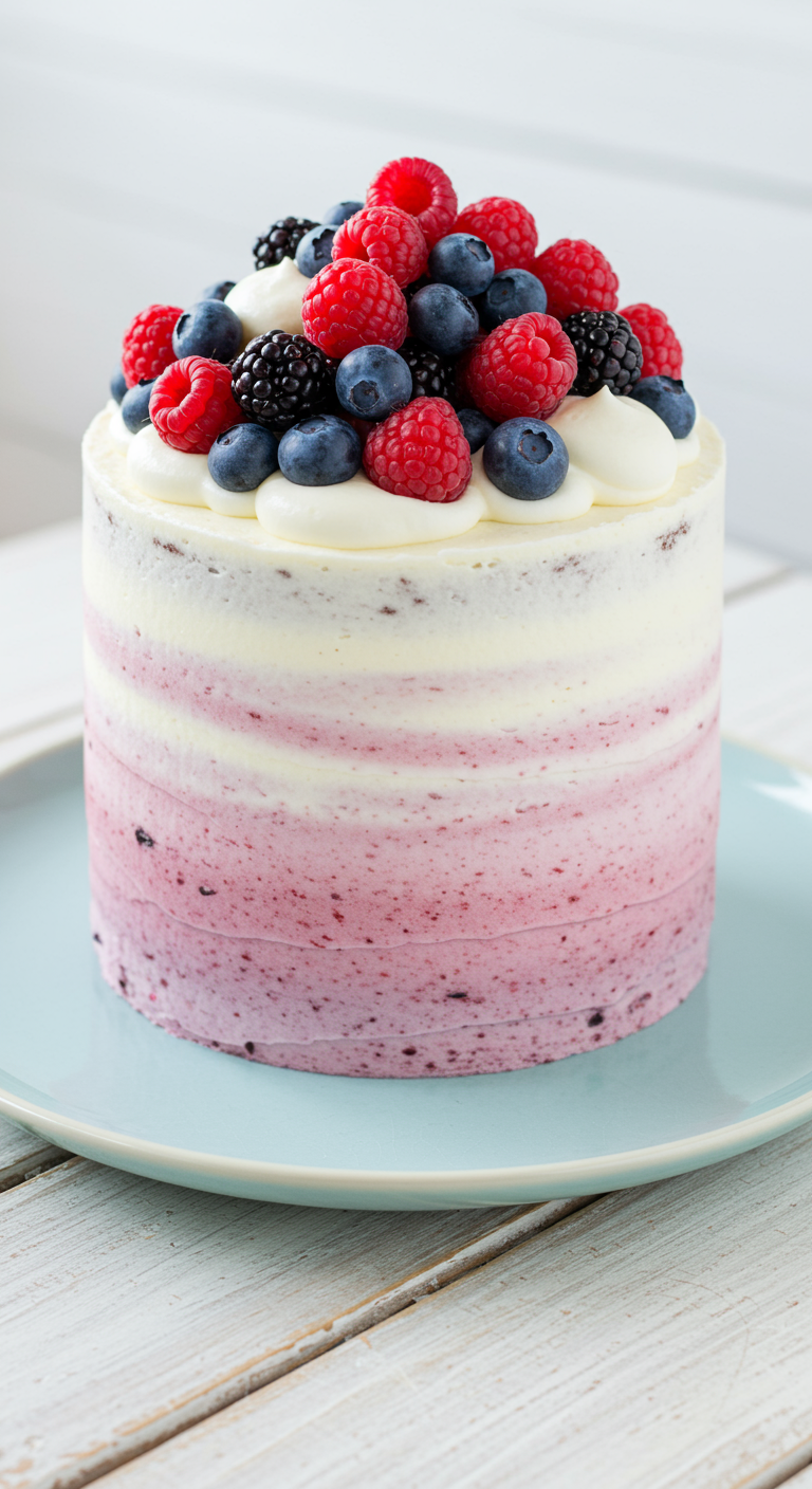 Torte mit Beeren-Ombre-Effekt von hellrot bis lila, Beeren obenauf.
