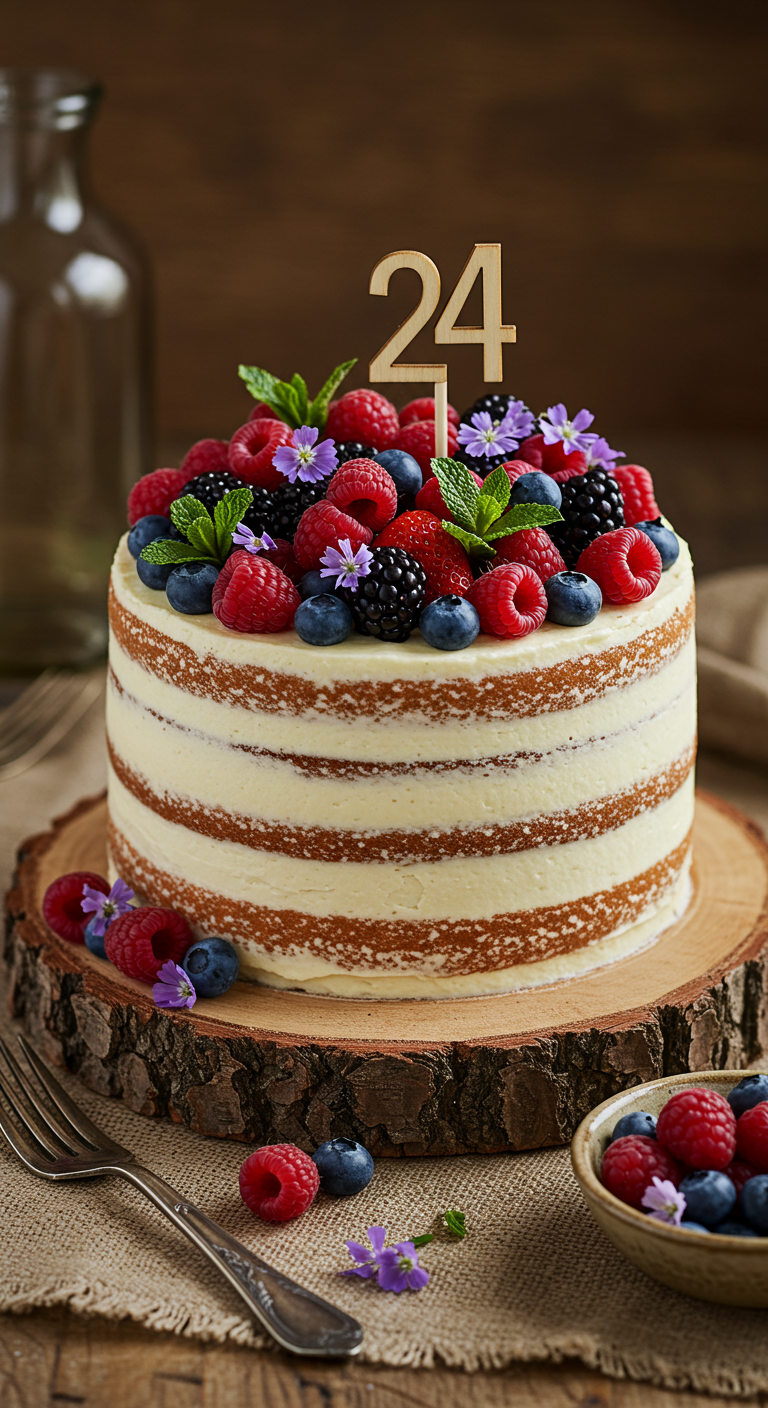 Naked Cake mit mehreren Schichten, Buttercreme-Füllung und üppiger Beerendeko, Holz-Topper 24.