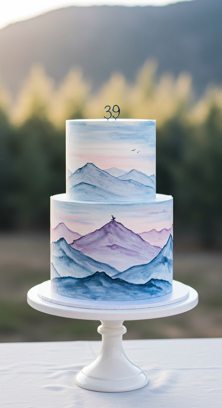 Zweistöckige Torte mit handgemaltem Bergpanorama in Aquarellstil.