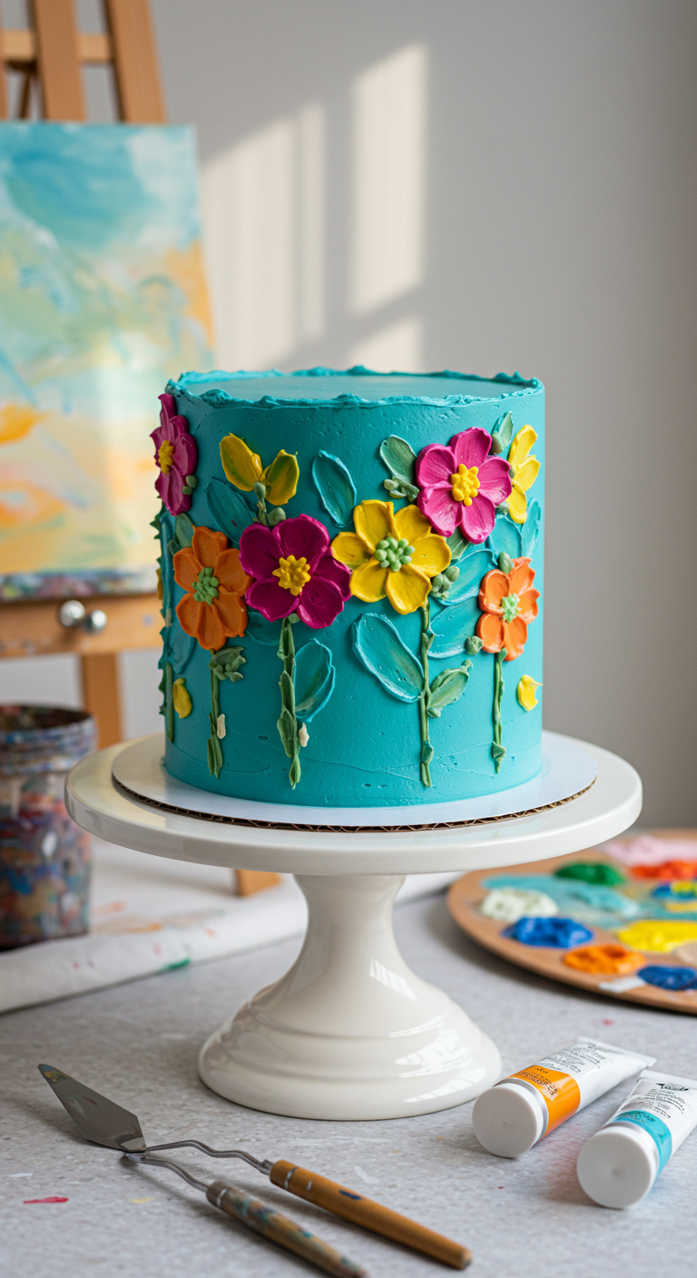 Türkise Torte mit bunten, dick aufgetragenen Buttercreme-Blumen.