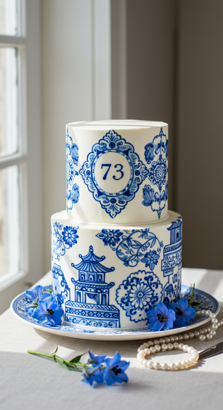 Zweistöckige weiße Torte mit handgemaltem blauem Delfter Porzellanmuster.