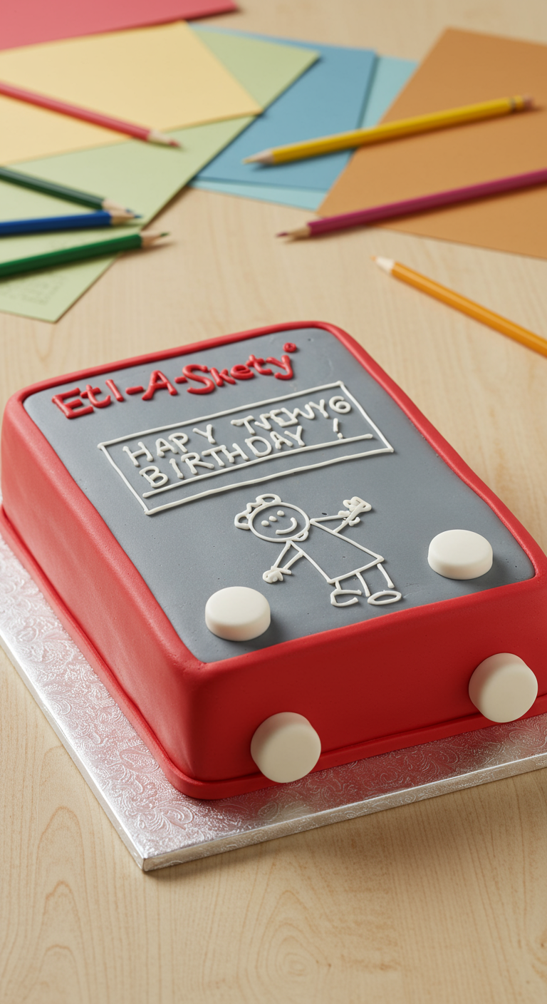 Rote Maltafel-Torte mit grauer Fläche, auf der „Happy Newt's Birthday!“ und eine Strichmännchen-Zeichnung stehen.