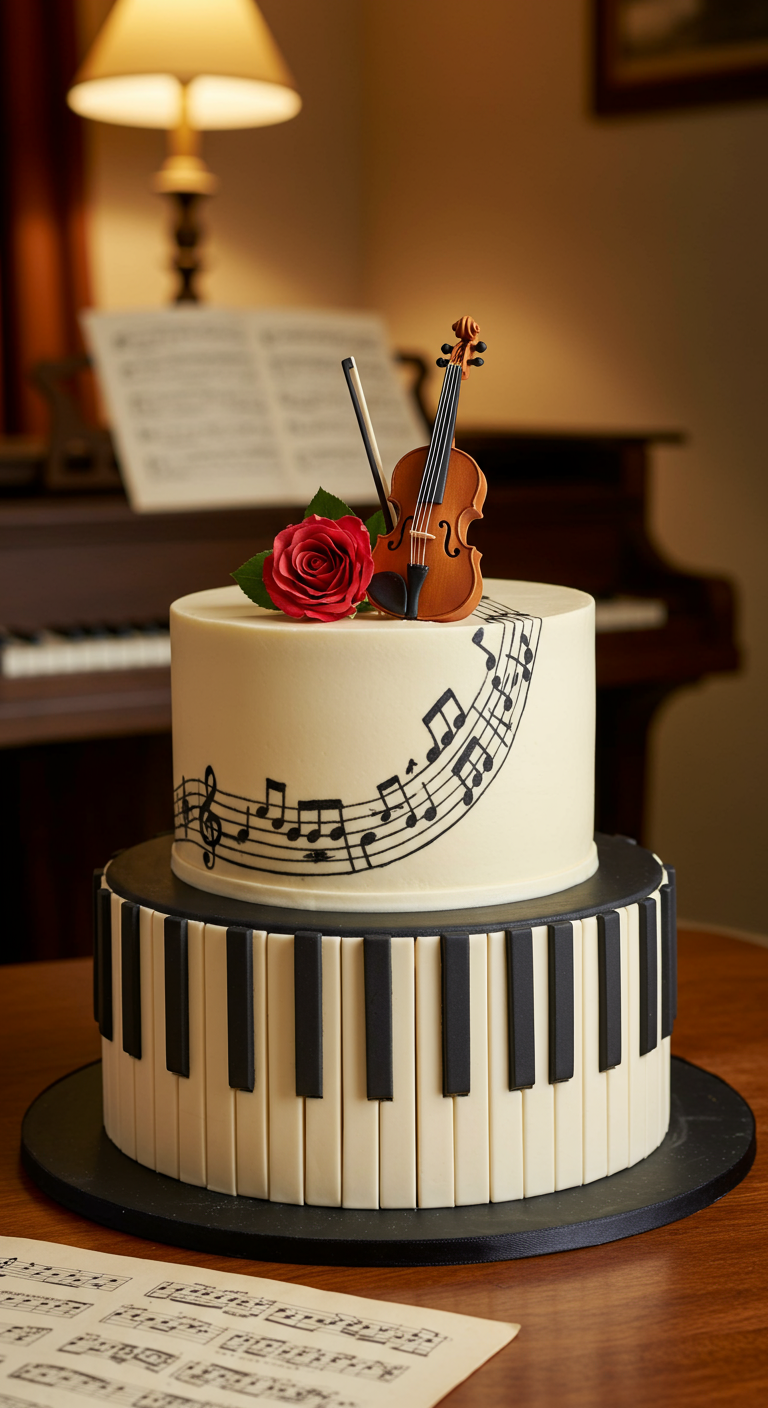 Zweistöckige Torte mit Klaviertasten-Design, Noten, Mini-Violine und Rose.