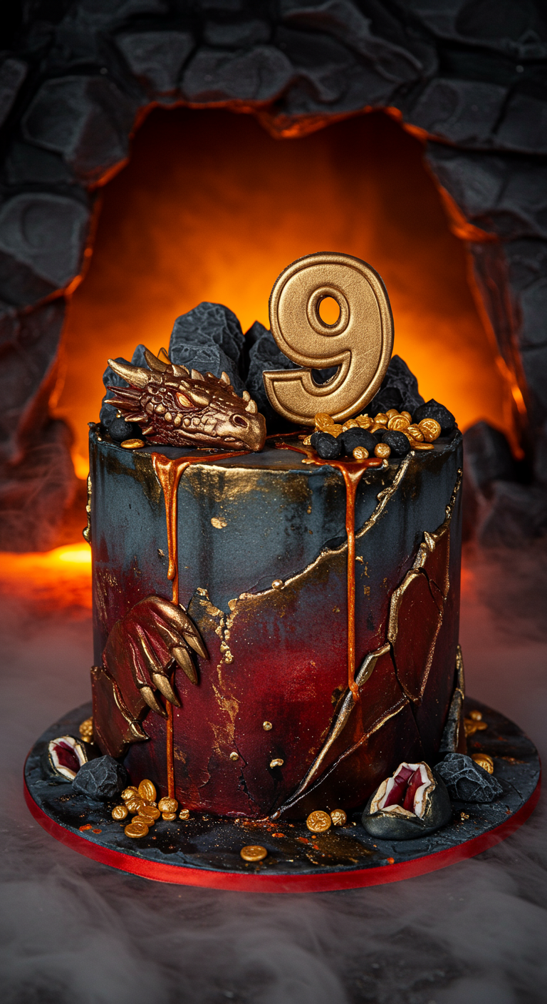 Dunkle Drachen-Torte mit roten und goldenen Akzenten, Drachenkopf und Schuppentextur.