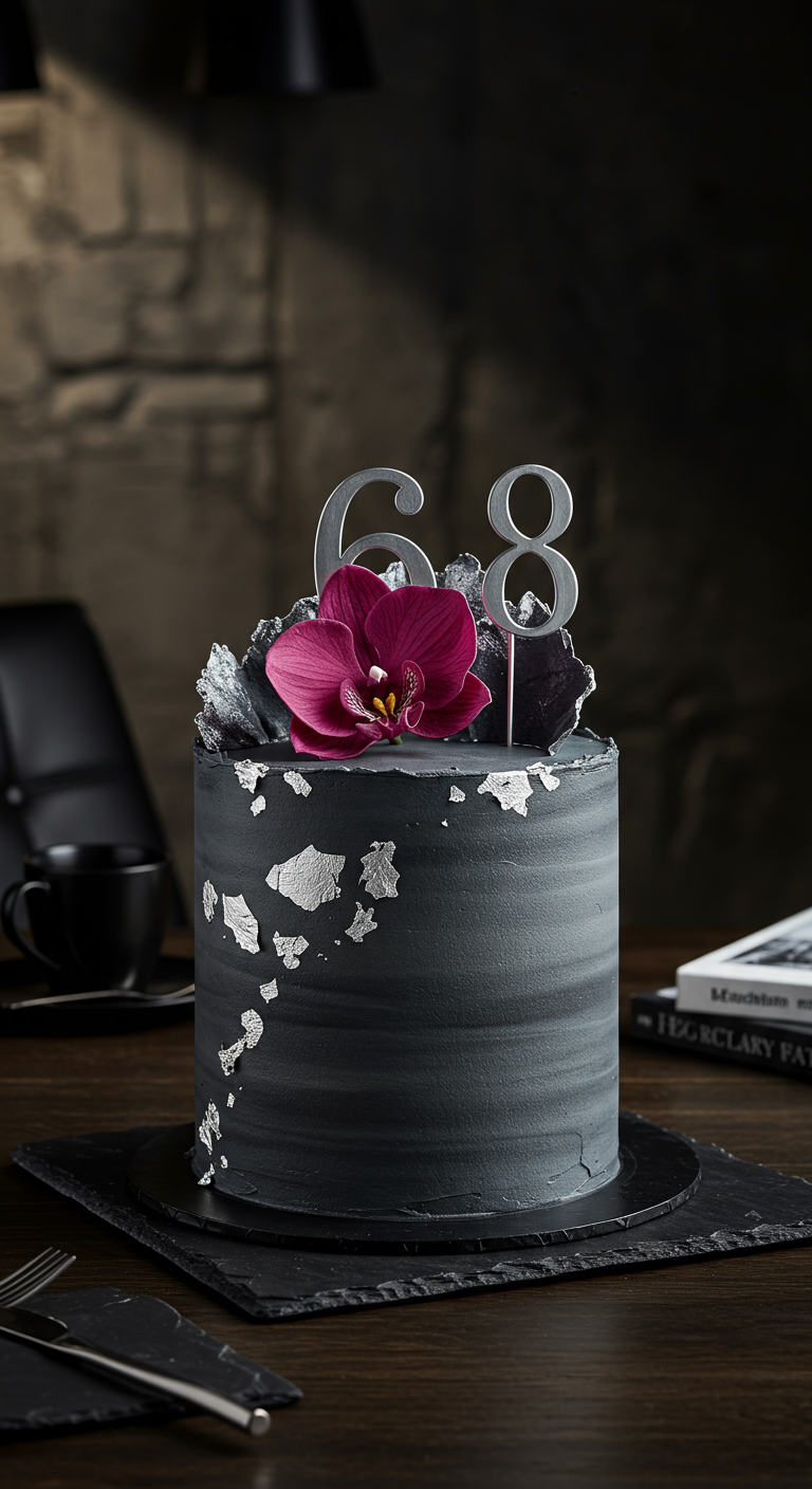 Dunkelgraue/schwarze Torte mit Silberblatt, magenta Orchidee und