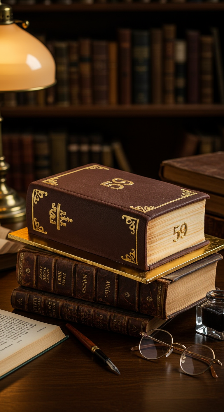 Torte in Form eines alten Buches mit '59' auf dem Buchrücken.