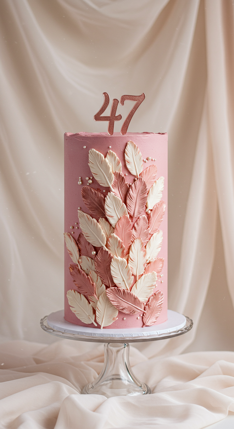 Rosa Torte verziert mit aufsteigenden rosa und weißen Schokoladenfedern.