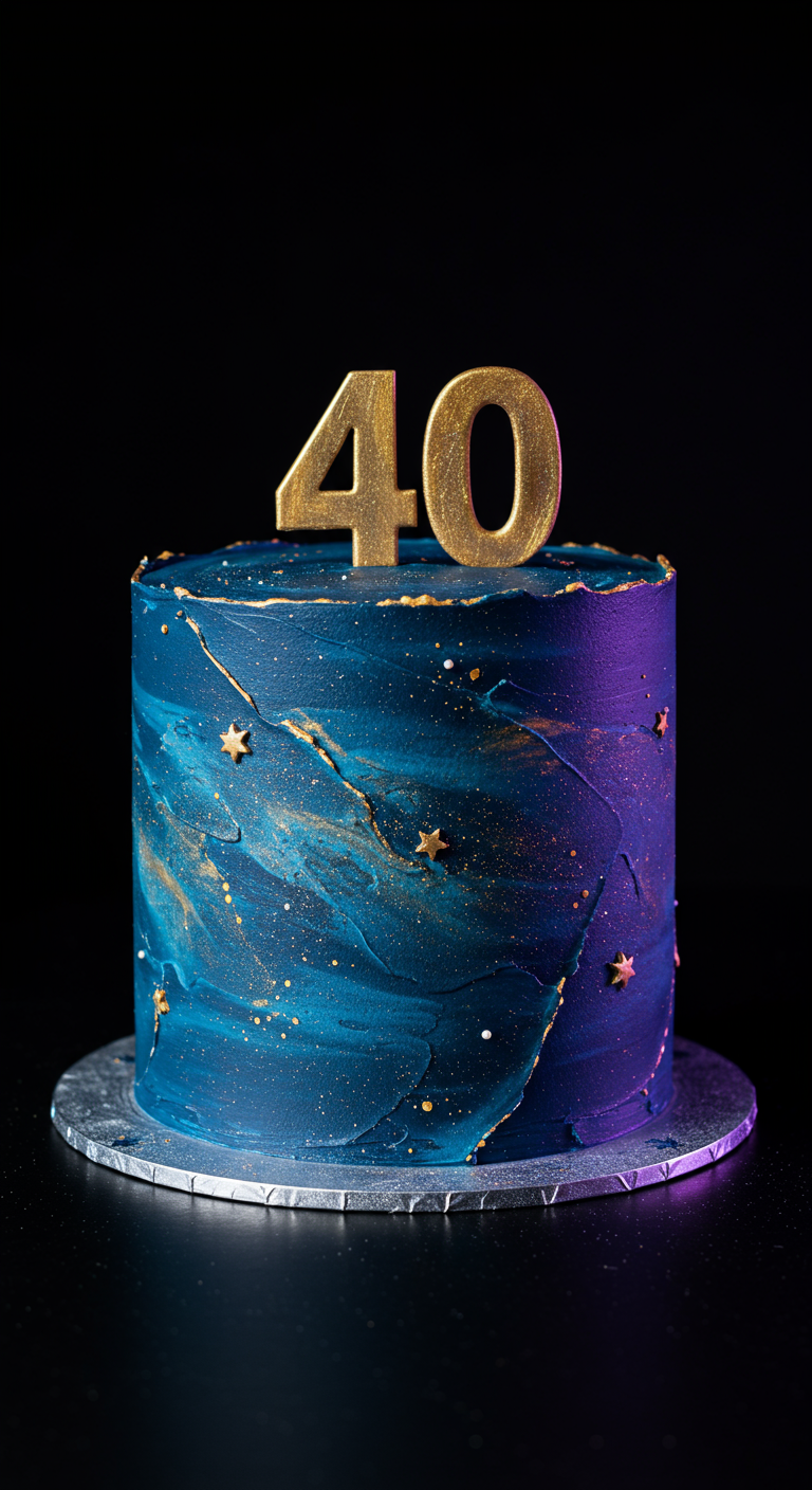 Dunkelblaue Galaxie-Torte mit goldenen Sternen und 