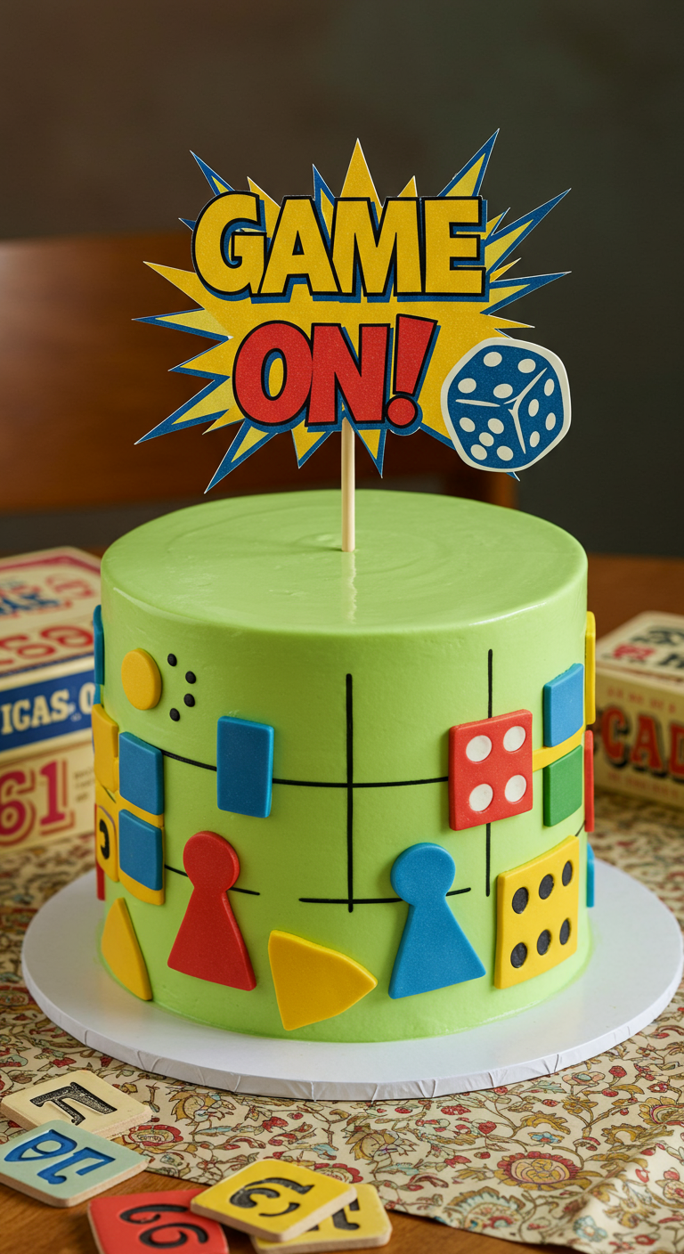 Grüne Torte dekoriert mit bunten Spielsteinen und Würfeln, „Game On!“-Topper.