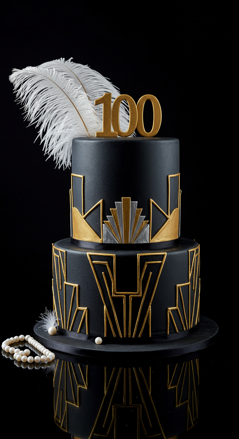 Schwarze zweistöckige Torte mit goldenen Art-Déco-Mustern und weißer Feder.