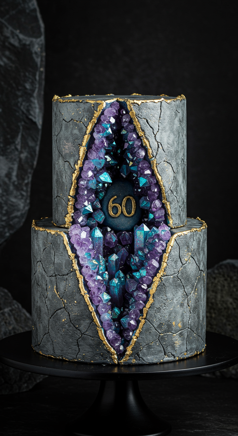 Graue zweistöckige Torte mit einer aufbrechenden Geode aus lila Kristallen.