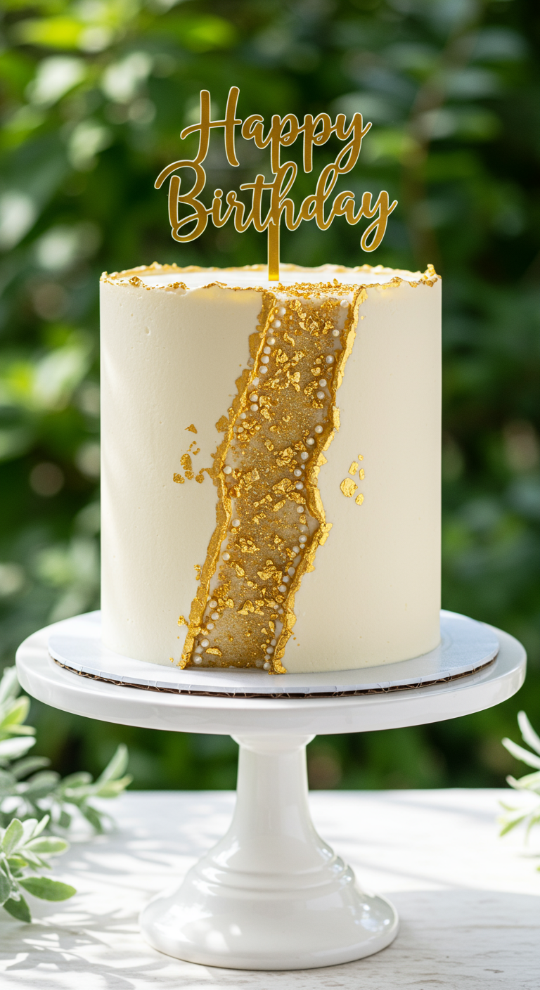 Cremeweiße Torte mit einem mittleren 'Fault Line'-Streifen, gefüllt mit Gold-Crispearls und Goldrand.