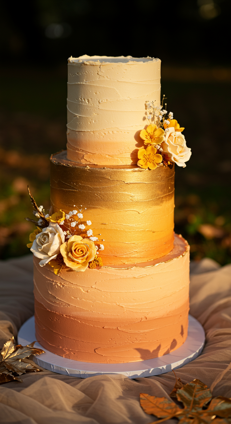 Dreistöckige Torte mit Farbverlauf von Creme zu Orange zu Gold, dekoriert mit gelben und weißen Rosen.