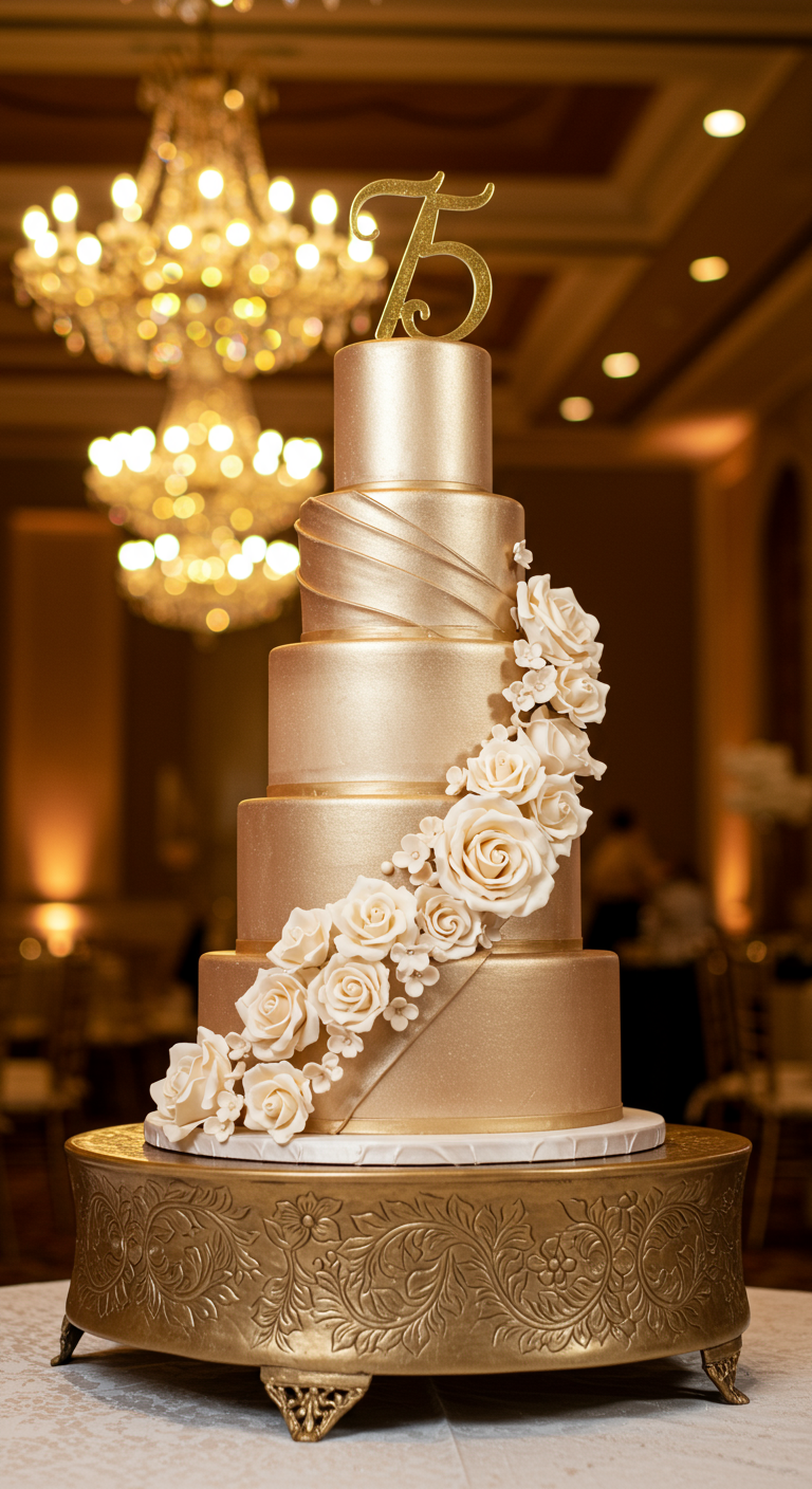 Hohe, mehrstöckige goldene Torte mit einer Kaskade aus cremefarbenen Rosen und goldenem 75-Topper.