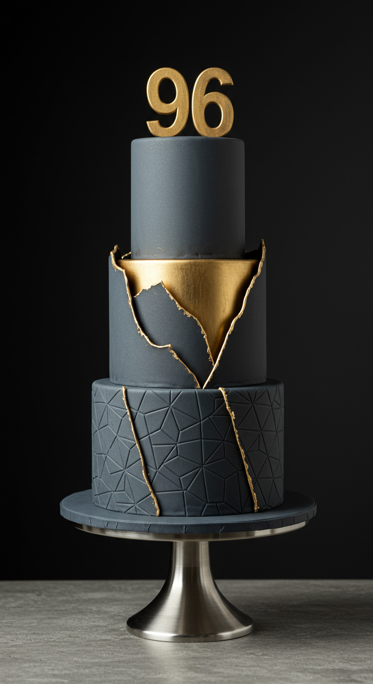 Dreistöckige graue Torte mit goldenem Bruch-Effekt und geometrischen Linien.
