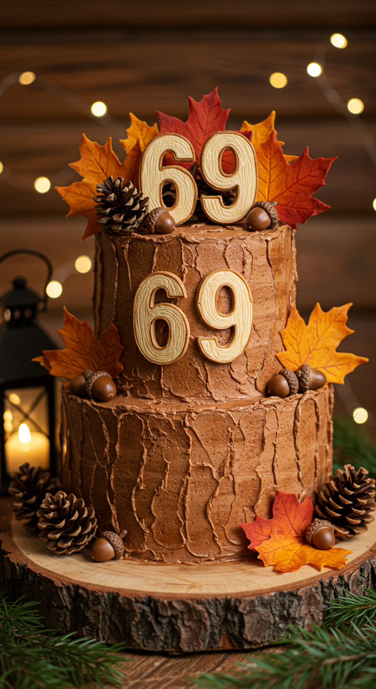 Zweistöckige Schokoladen-Baumstamm-Torte mit Herbstblättern, Eicheln und Zahl 69.