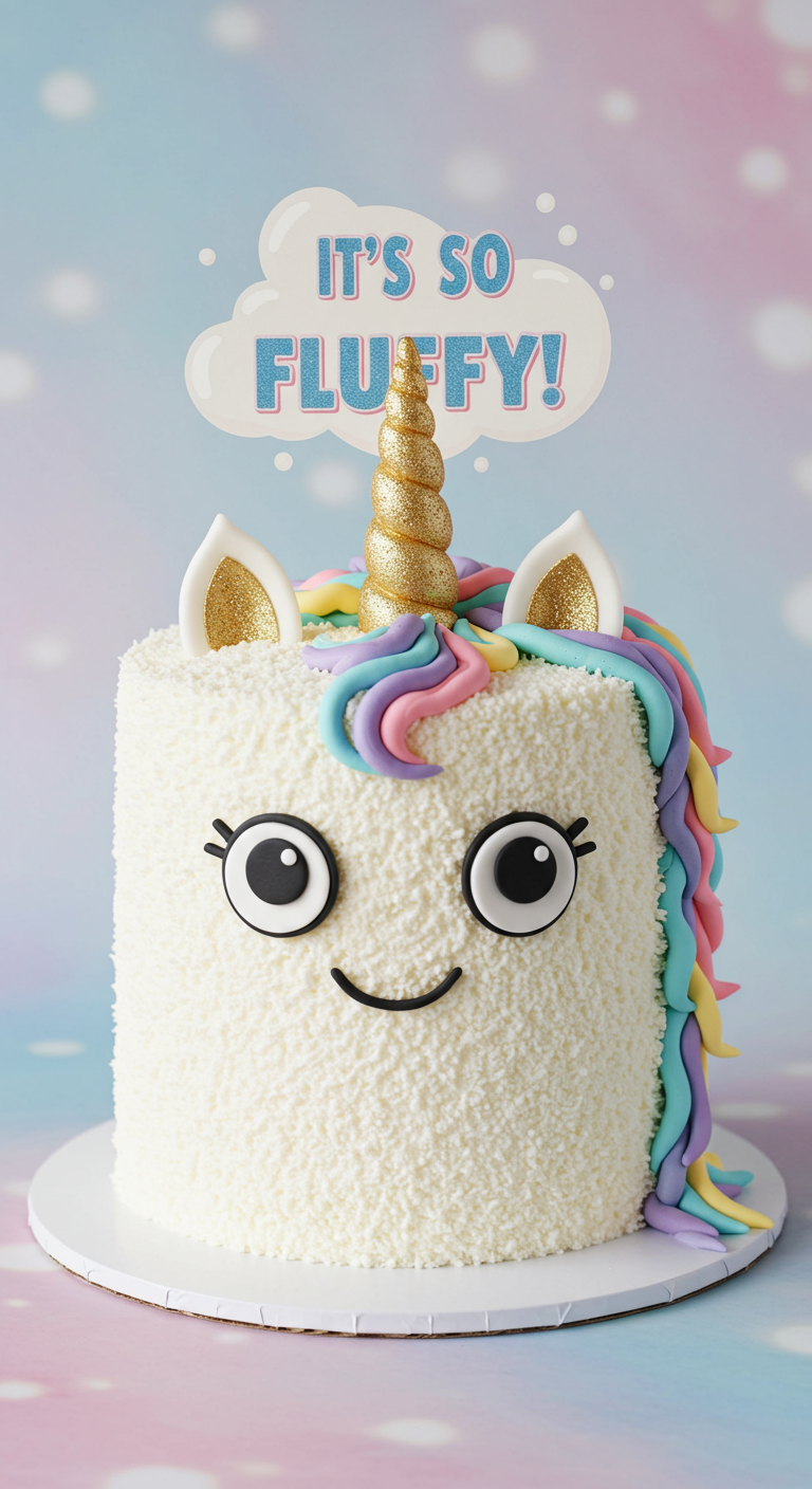 Weiße, flauschige Einhorntorte mit goldenem Horn und Regenbogenmähne.